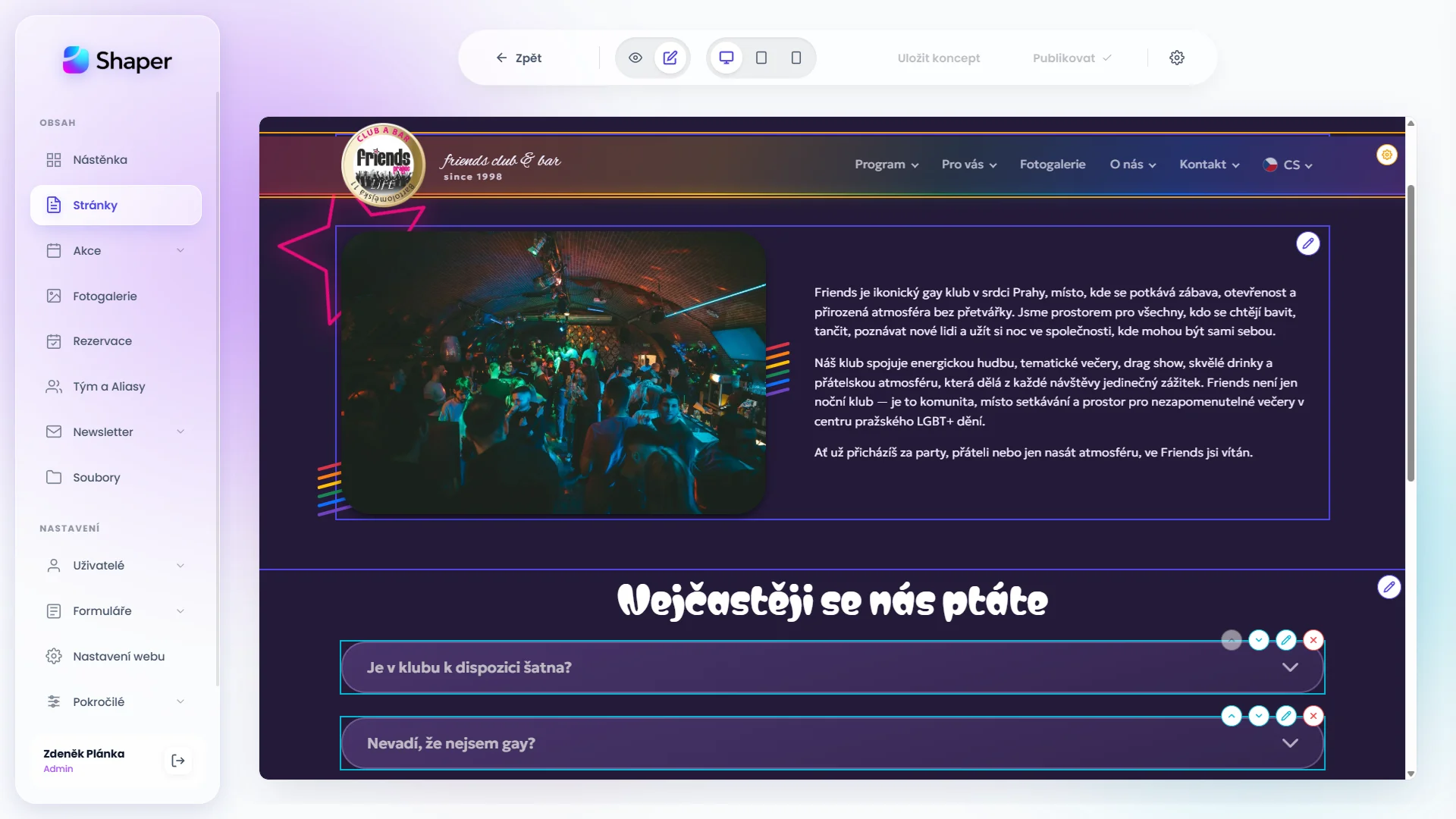 Ukázka editace obsahu v Shaper CMS