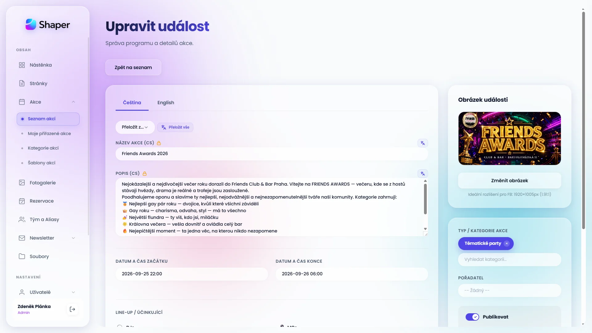 Ukázka modulu akcí a programu ve Shaper CMS